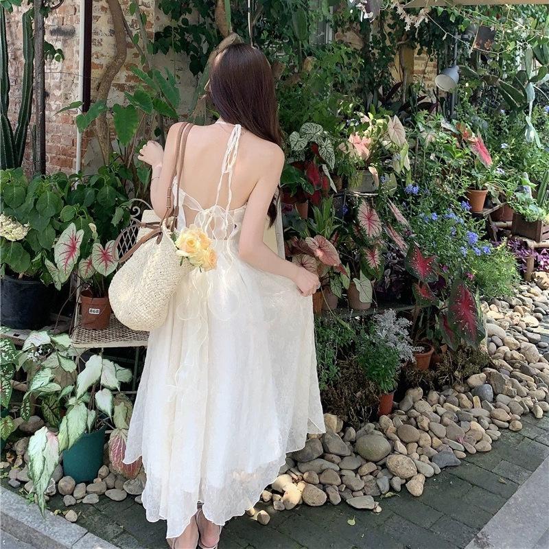 Pure Desire Wind Neck Sleeveless Dress Women's Summer New Seaside Vacation French Halter White Fairy Dress