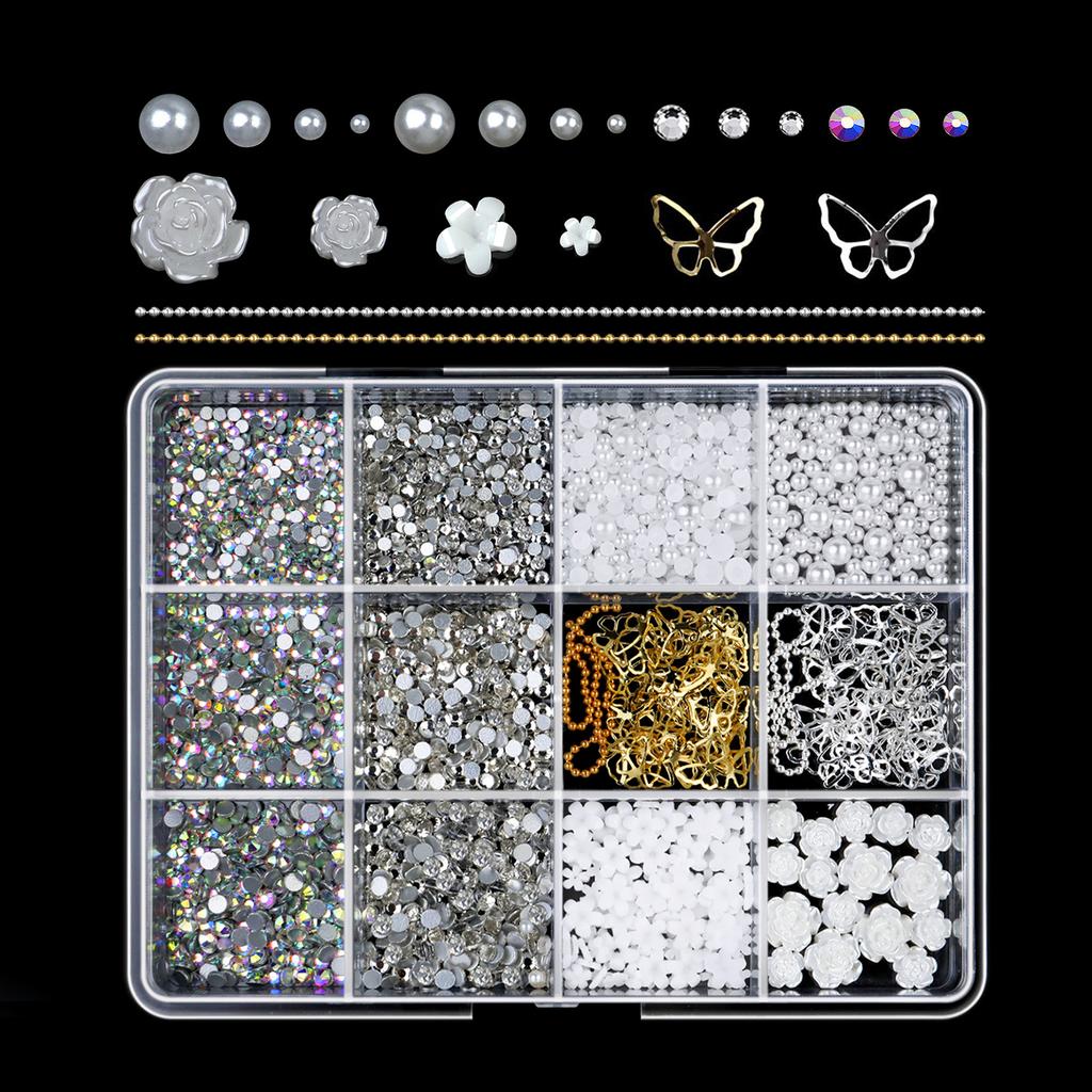 12/15 Rejillas/Caja Kit de Decoración 3D para Uñas Con Lazo de Resina Perlas Corazón y Formas Variadas Kawaii Charms para Uñas Arte de Manicura DIY