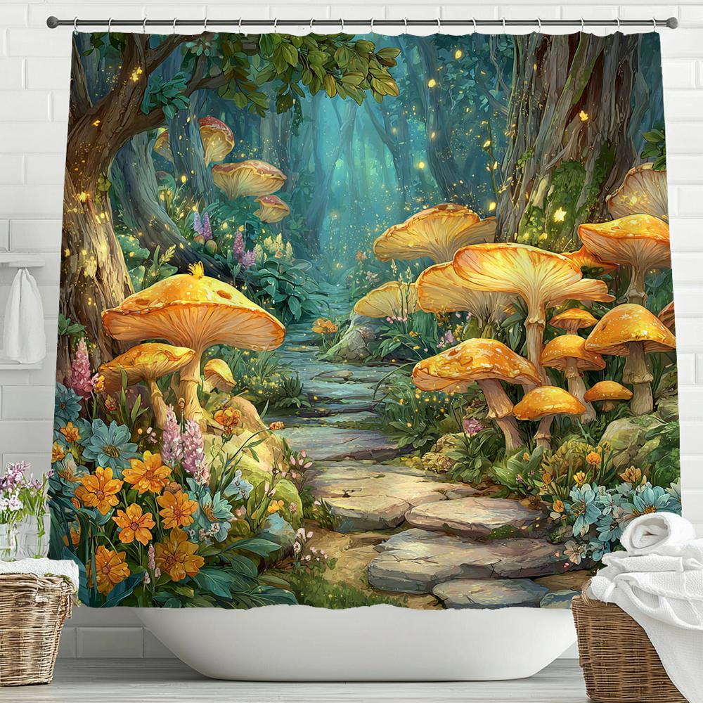 Fairy Tale Forest, Mushroom House Shower Curtain, Bathroom Decorative Shower Curtain, Waterproof Shower Curtain with Hooks