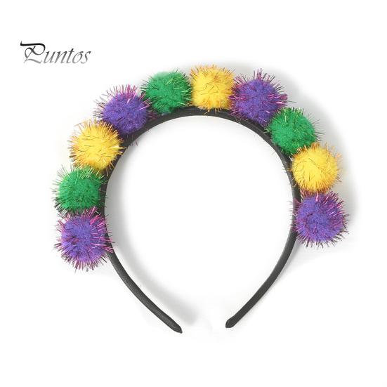 

Повязка на голову Марди Гра с разноцветными помпонами, праздничная повязка на голову, аксессуары для волос для взрослых, подростков, карнавальный костюм зелёный/фиолетовый
