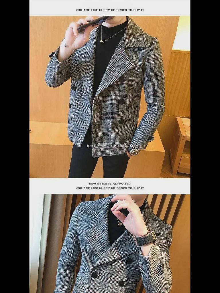 Men's Slim Double-Breasted Plaid Wool Trench Coat – Stylish Korean Suit Collar
