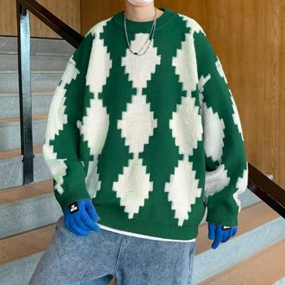 Color-blocked Round Neck Sweater for Autumn and Winter Boys' Loose and Versatile Rhombus Sweater Jacket Trendy Versatile Couple's Knitted Sweater