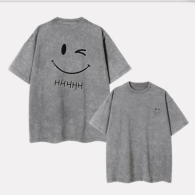 Lachend gezicht hahaha simpel gewassen T-shirt met korte mouwen, genderneutraal, losvallende print voor mannen en vrouwen