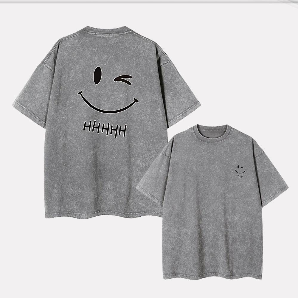 Smiling face hahaha simple washed T-shirt short sleeve gender-neutral men and women loose print clothing