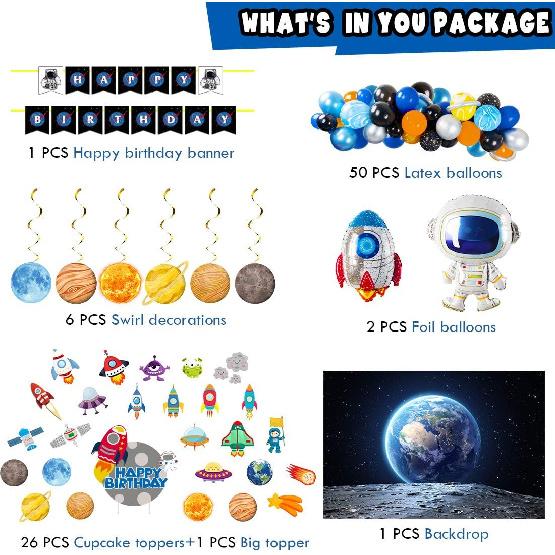 Outer Space Party Supplies, 87Pcs Party Decorations - Rocket Balloons, Solar System Swirl Decorations, Cupcake Toppers, Astronaut Birthday Banner,