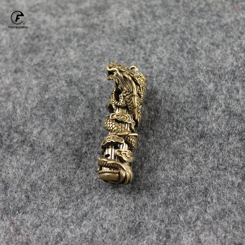 Fashion Copper Dragon Pillar Crafts Figurines Car Key Chain Pendant Retro Brass Chinese Feng Shui Ornament Home Decor Acccessory