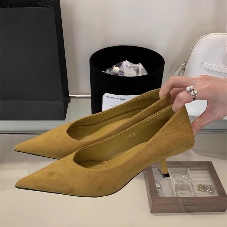 French Vintage Style Pointed Toe Suede High Heels For Women Office Wear