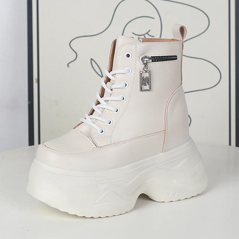 Modă 12CM Piele Naturală Platformă Pană Adidași Groși Primăvară Toamnă Botine Gleznă Botine Dama Culoare Mixtă Pantofi cu Toc Ascuns