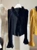 Women's Autumn/Winter French Flared Sleeve Lace Plush Shirt with Padded Bust, Velvet, Thickened, Waist-Cinched, Inner Layer Base Top