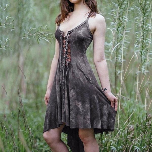 Abito da donna medievale rinascimentale vintage retrò etnico tribale misto artigianale con cinturino incrociato regolabile abito punk gotico con cinturino per spaghetti Halloween Cosplay