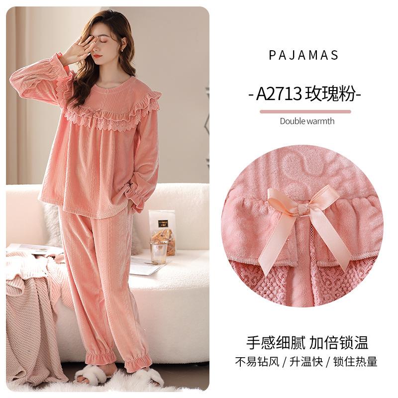 Pajamas Women'S Spring And Autumn Coral Fleece Thin Fleece Winter Autumn And Winter Flannel Winter Loungewear Set