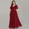 Plus Size Handmade Pleated Double V-Neck Bell Sleeve Chiffon Evening Gown for Spring/Summer