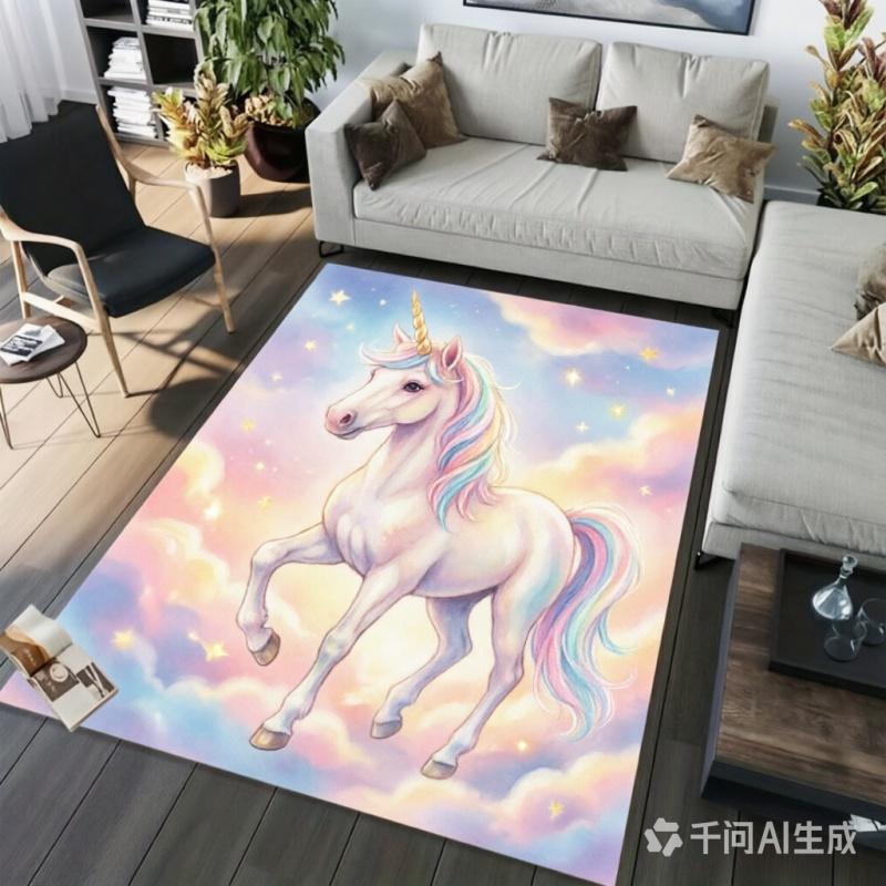 Newest Colorful Starry Unicorn Rose Large Area Rug Non Slip Girls Bedroom Floor Carpet
