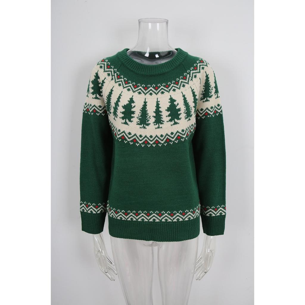 Winter New Christmas Sweater for Women, O-Neck Tree Pattern, Green Knitwear