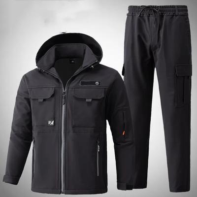 Men's Winter Multi-Pocket Snow Thickened Suit Plus Size Soft Shell Jacket + Waterproof Warm Pants 2 Piece Set