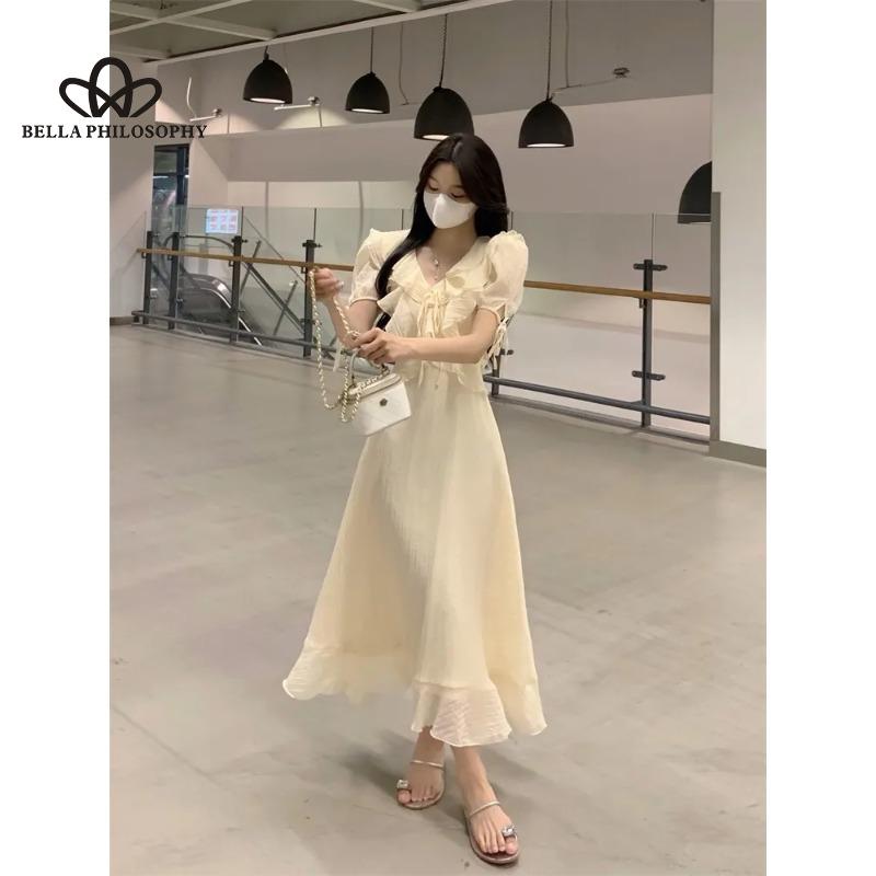 Letní nové volánové šaty s výstřihem do V Jemné elegantní jednobarevné šaty s krátkým rukávem, dlouhým rukávem