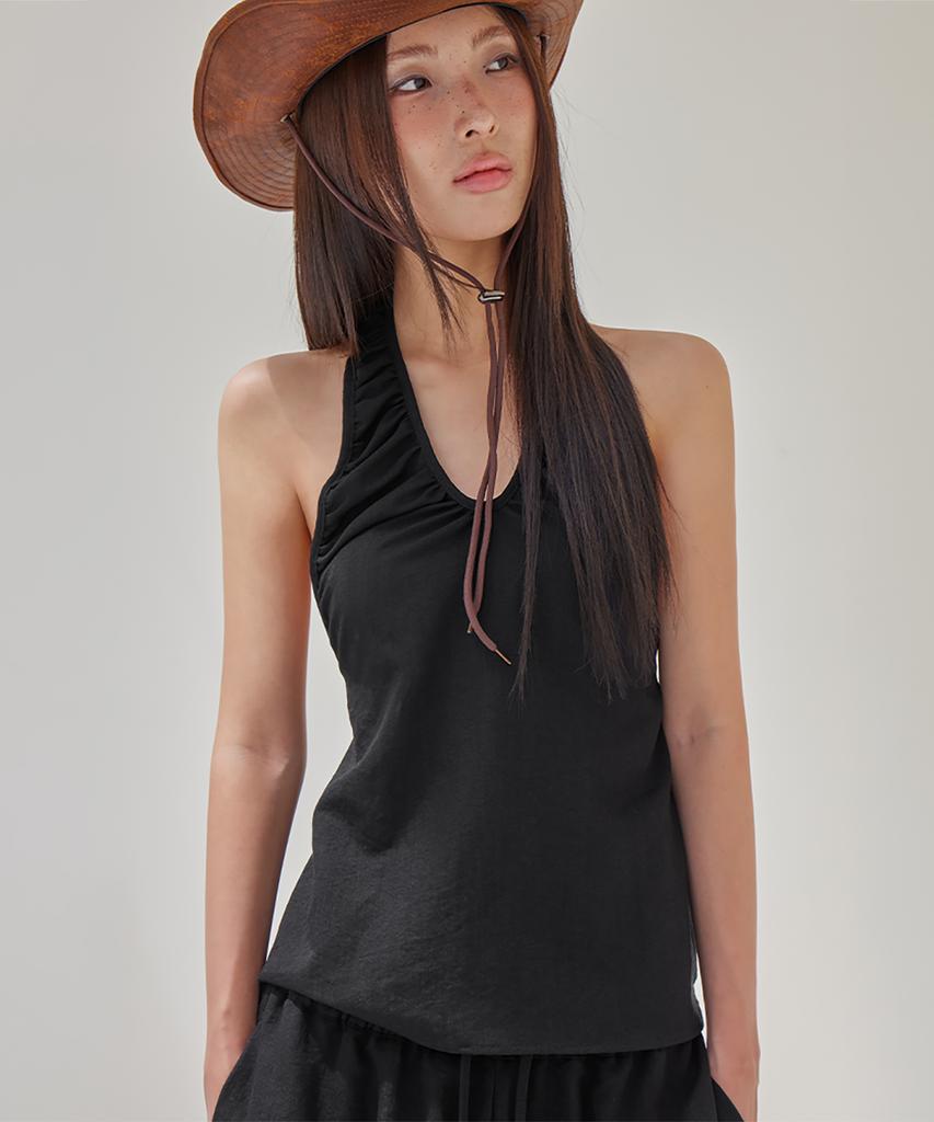Leondeondada Linen-Like Halter Shirring Top, Black