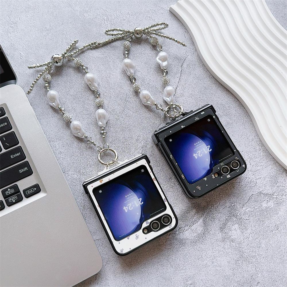 Cute Love Bowknot Phone Case with Wrist Strap For Samsung Galaxy Z Flip 6 5 4 3 Hard Plastic Hinge Protective PU Leather Cover