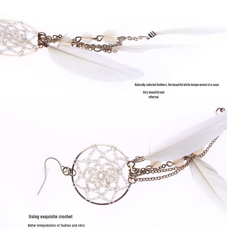Woven Crystal Chain Tassel Feather Earrings