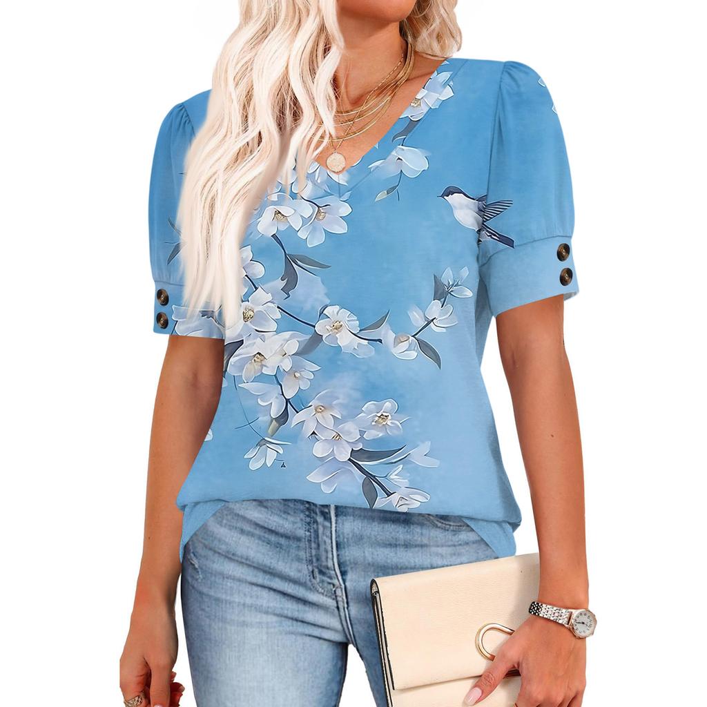 Womens Tops Short Sleeve Shirts Buttons V Neck Fashion Outfits Blouses Casual