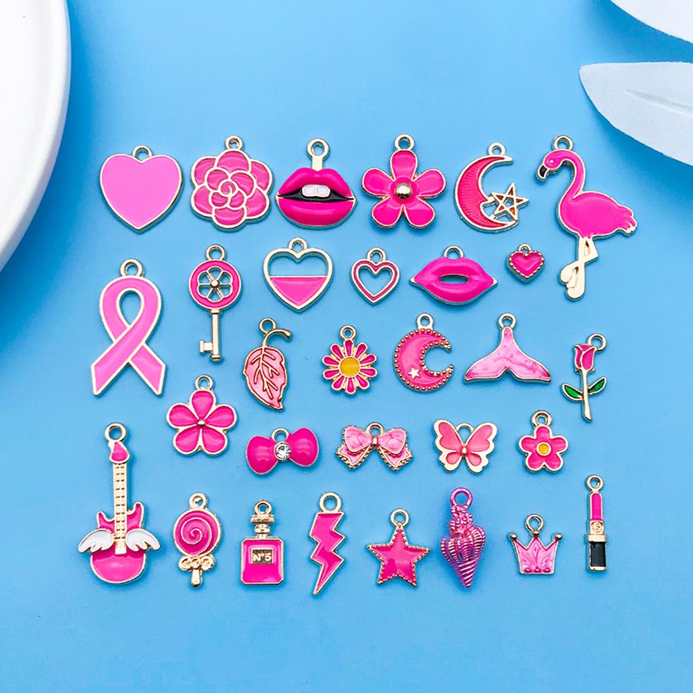 30 Cartoon Alloy Jewelry Pendants: Rose Red Drip Oil for DIY Bracelet and Handbag Accessories