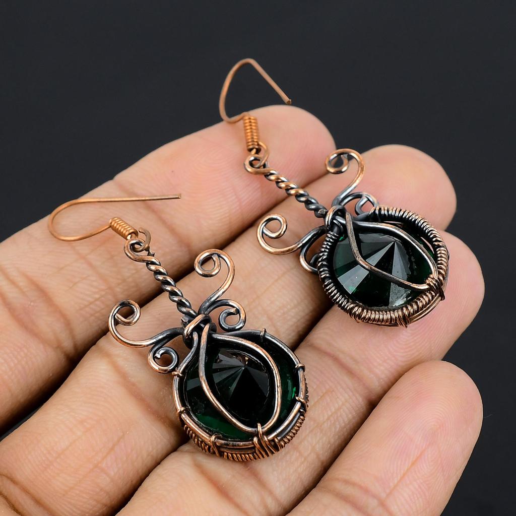 Chrome Diopside Handmade Gemstone Earrings, 999 Copper Wire Wrapped Earrings, Unique Design Jewelry Earrings