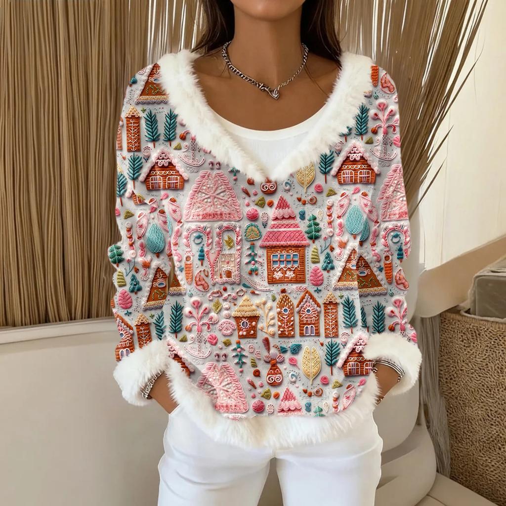 Dámský módní plyšový pulovr s výstřihem do V, tričko s dlouhým rukávem, vánoční potištěná mikina