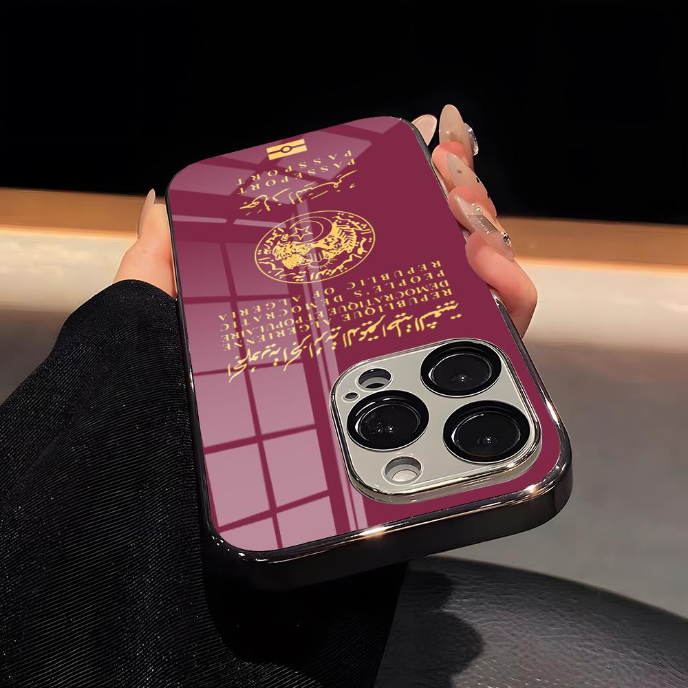 Algeria Passport Phone Case Luxury Glass Phone Case For IPhone 17 16 15 14 13 12 11 Pro Max Plating Frame Cover