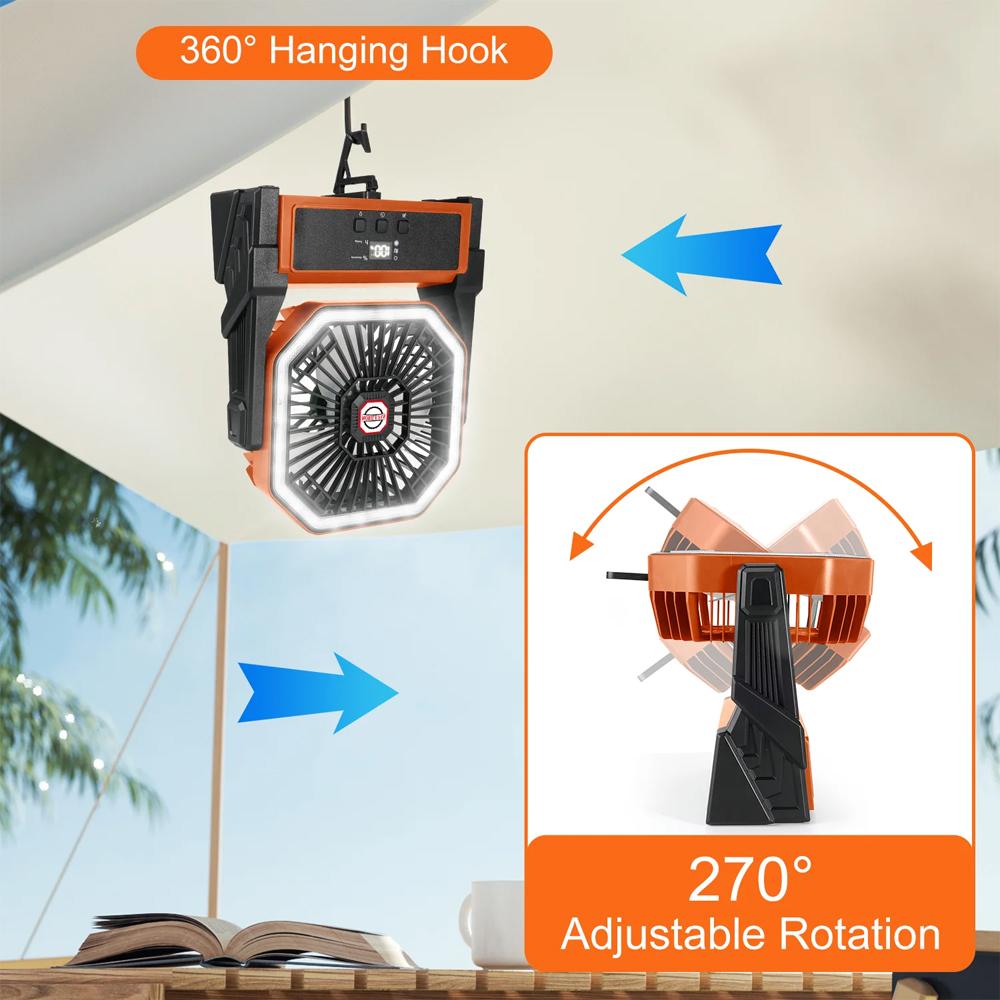 20000mAh USB Rechargeable Camping Fan 4 Speeds 360° Hanging Hook Fan with LED Lights Remote Control for Outdoor Emergency Lights