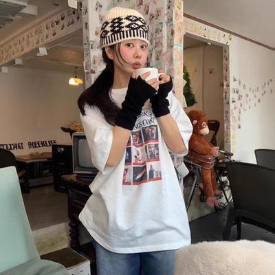 Women's Retro Round Neck Cartoon Letter Print Design Sense of Loose Casual Short-sleeved T-shirt