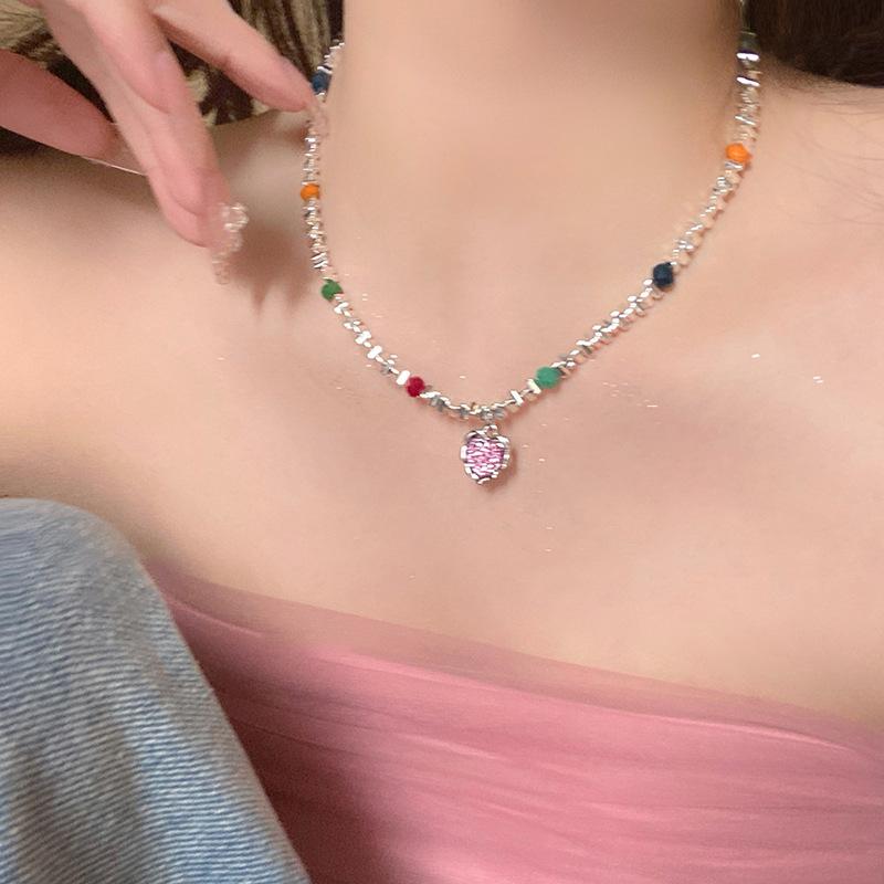 Trend Sweet Cool Wind Colorful Stone Heart Necklace for Women Pink Heart Chains Necklaces Pendants Fashion Aesthetic Y2K Jewelry