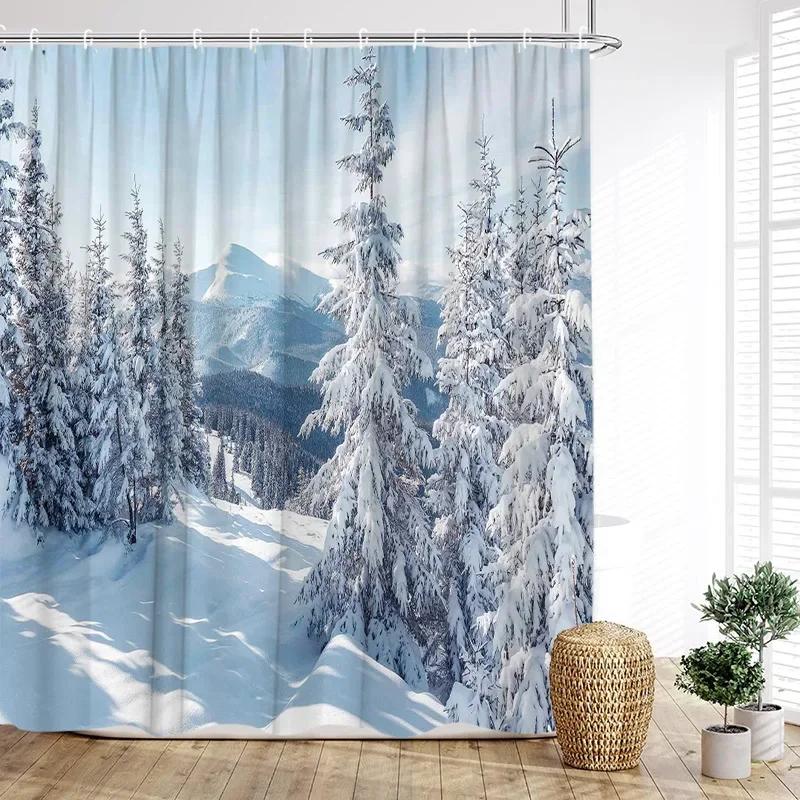 Christmas Reindeer Shower Curtain Winter Xmas Trees Full Moon Moose New Year Home Bathroom Decoration Bath Curtains