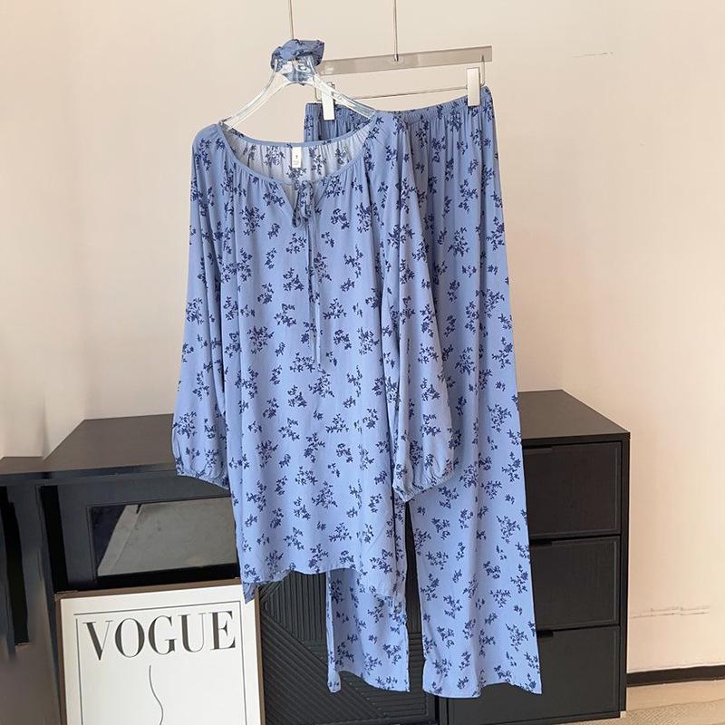 

Женский пижамный комплект из лиоцелла и хлопка на 2025 год: Круглый вырез, длинный рукав, тонкие брюки, простой принт Tall