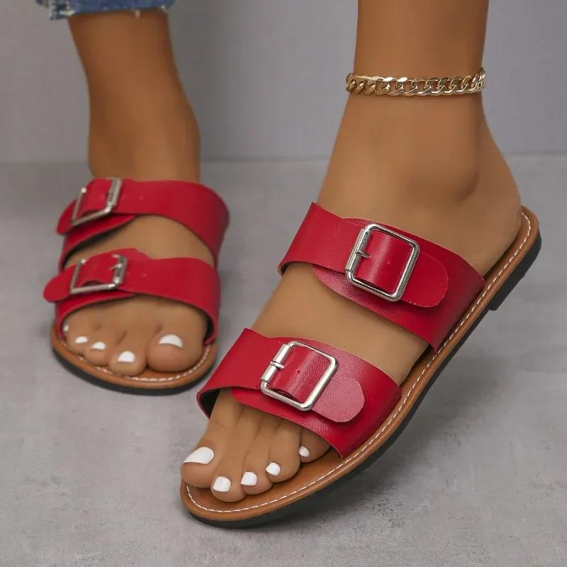 Mode Damen Neue Sommer Hausschuhe Trend Schnalle Flache Freizeitschuhe Hausschuhe für Zuhause Täglich Flache Slipper Party Damen Sandalen Pantoletten