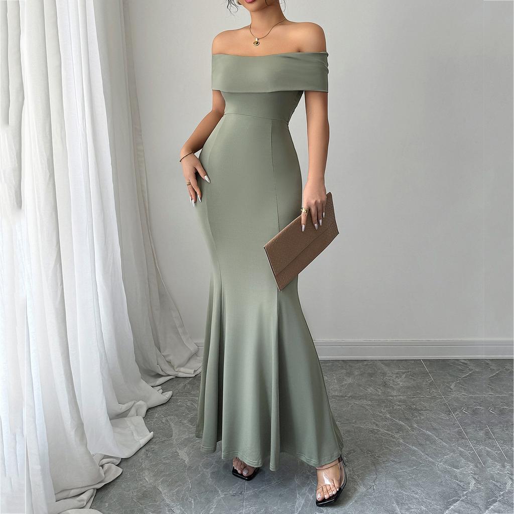 Elegant Off,shoulder Short,sleeved Color Dress For Women
