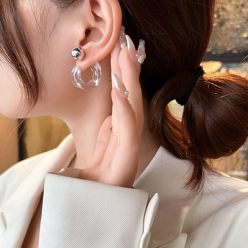 925 Silver Needle French Retro Geometric Acrylic Diamond C-Shaped Earrings for Women