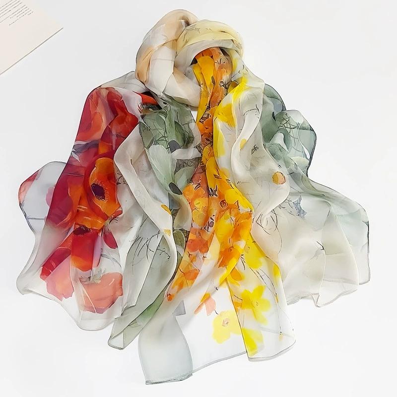 Spring Summer Women Large-size Printed Beach Shawls Muslim Hijabs Travel Thin Sunscreen Scarf/Scarves 100% Silk Beach Scarf