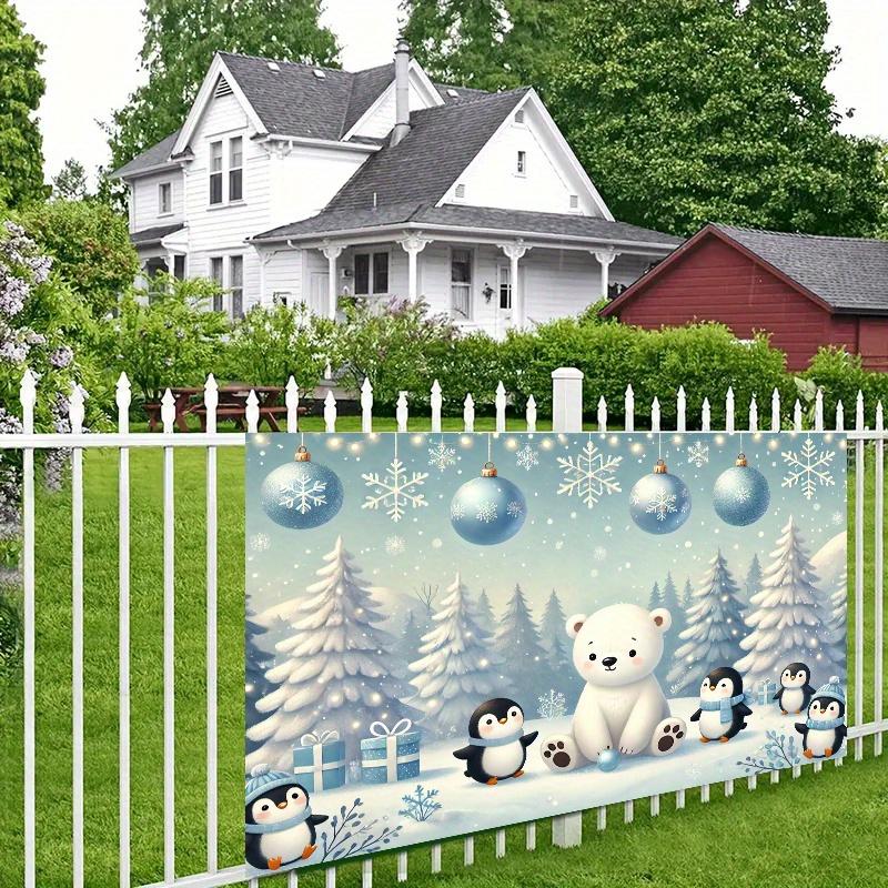 Winter Snow Scene Mural Featuring Polar Bears and Penguins with Snowflakes Pine Trees and Balloons -