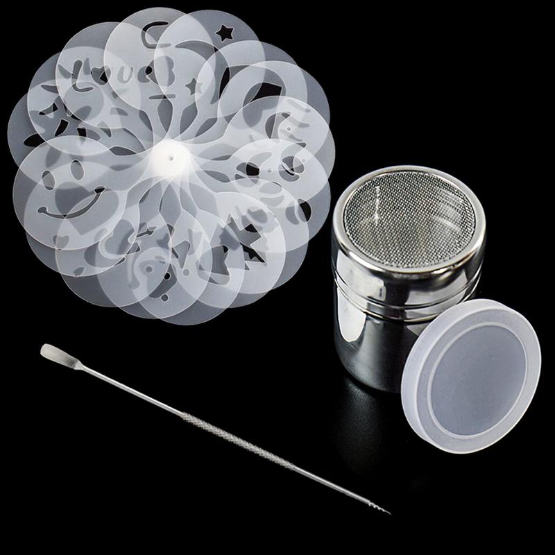 16PCS Plastic Cafe Foam Template Barista Stencils Mold Coffee Art Needles Stainless Steel latte Garland Needle Powder Sprinkle