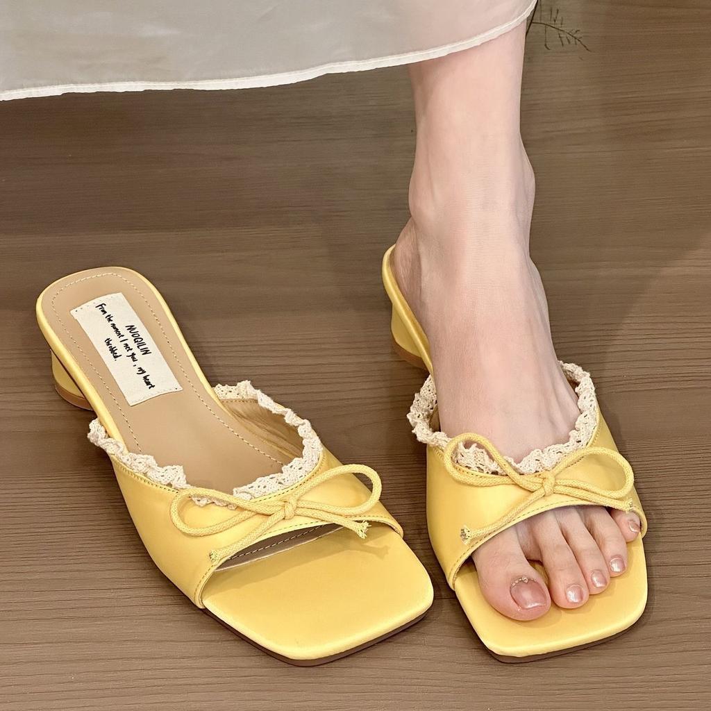 Goose Egg Yellow! Temperament Satin Square Head Word with Lace Sandals Women's Summer and Korean Version Gentle Thick Heel Bow Sandals