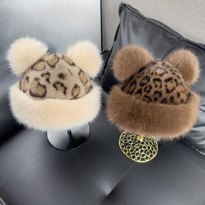 Retro Leopardenmuster Plüsch Mongolische Mütze Damen Herbst und Winter Niedliche Bärenohren Verdickt Warm Imitat Pelz Ohrenschützer Glockenhut