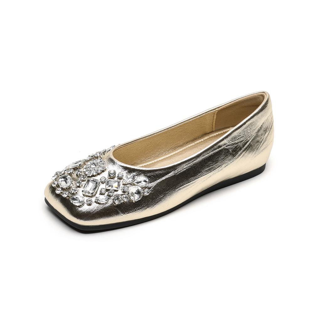 Square head single shoes women's flat bottom rhinestone shallow mouth laden shoes gentle with skirt women's shoes