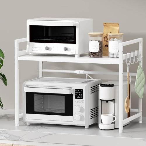 TKUIN Kitchen Over-the-Microwave Rack, Extendable Toaster Rack, Width (39-65cm), Adjustable Shelf Height, Microwave Storage, 50kg Weight Capacity, Inc