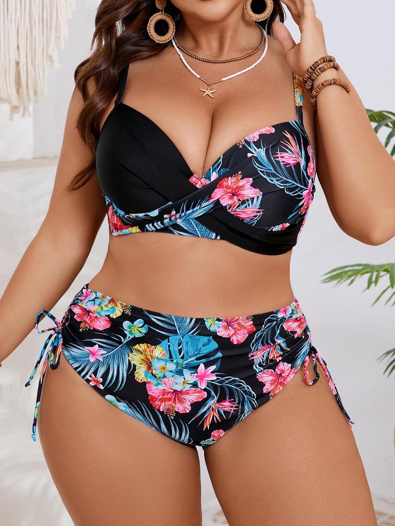 Europäischer Plus-Size Blumen-Bikini mit Schlitz und Kordelzug