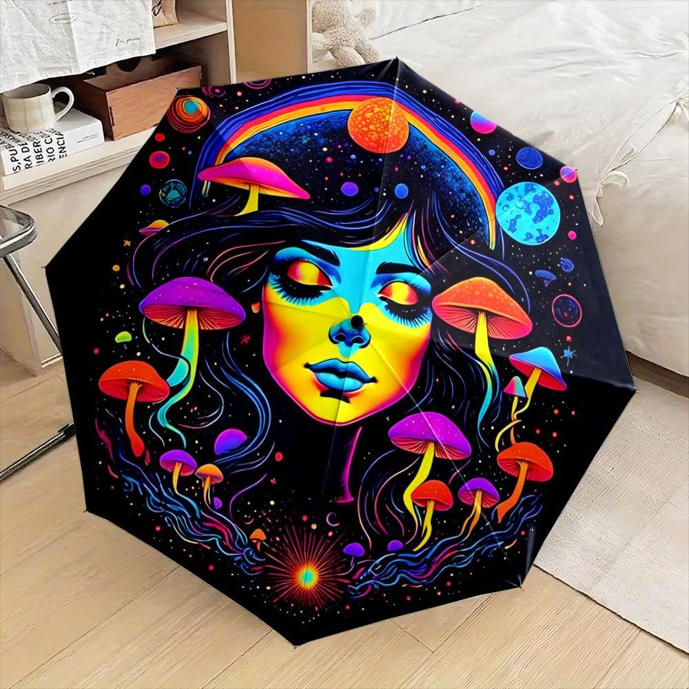 

Folding umbrella Vibrant mushroom forest with cosmic background and rainbow. Creative portable folding umbrella for Christmas Iron&8K