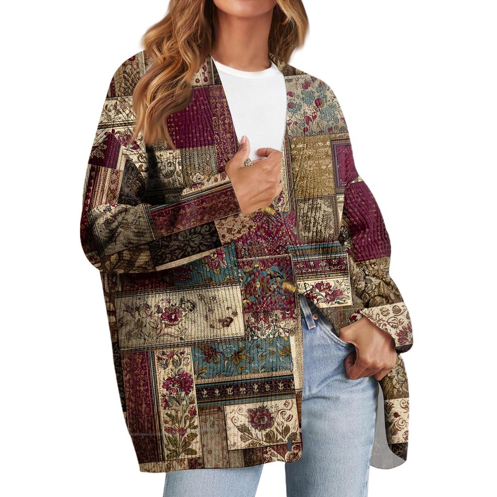 Women's Fashion Long Sleeve Print V-Neck Button Loose Cardigan Top