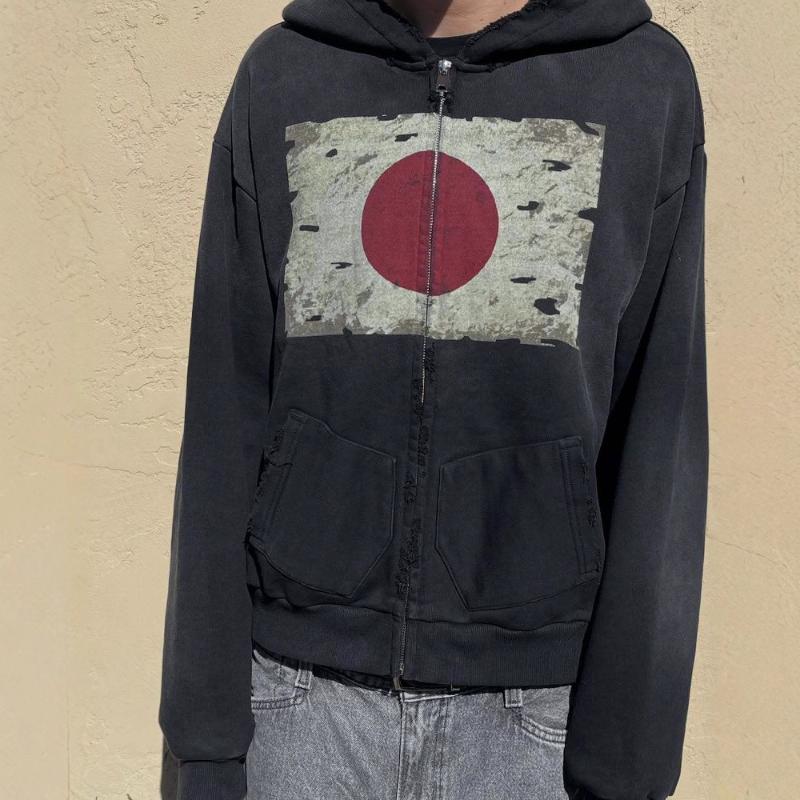 Y2K street punk print loose long sleeved zipper cardigan hooded sweatshirt