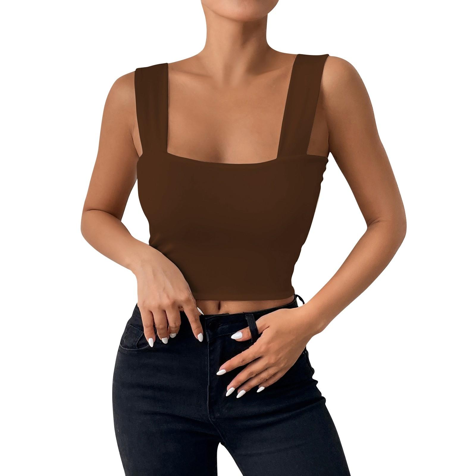 

Женский короткий топ на бретельках с открытой спиной для девочек, тонкий топ контрастного цвета, повседневный топ под пальто S кофейный