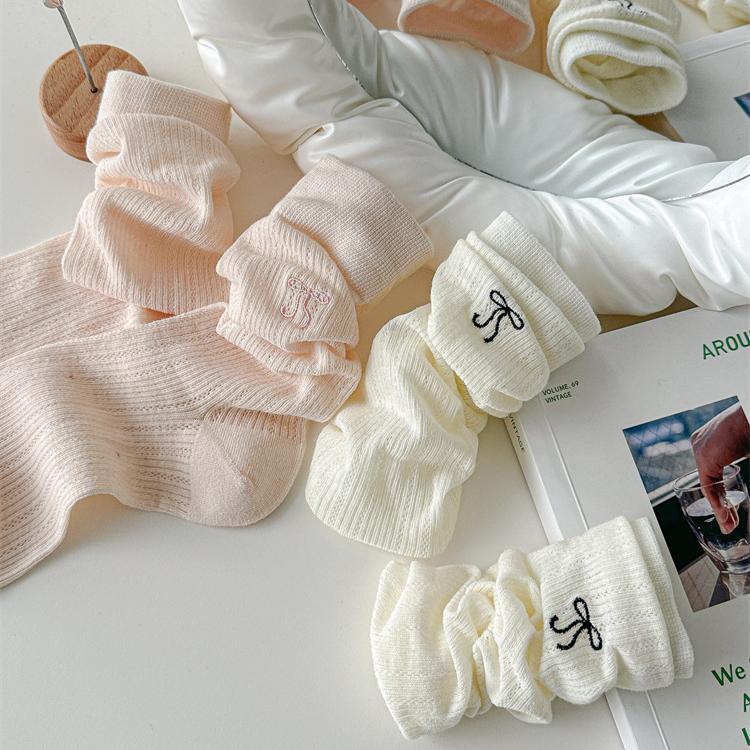 Women Socks Hollow Out Mesh Breathable Black White Gray Long Socks Cute Bow Embroidery Sweet Girls Kawaii Middle Tube Socks Sox