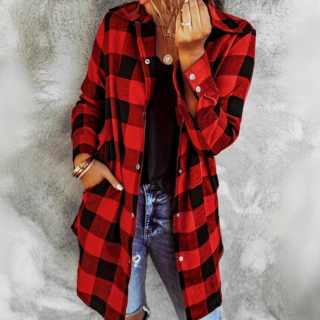 Fall Winter Vintage Plaid Long Sleeve Lapel Women's Loose Casual Shirt Jacket, Leisure Outerwear